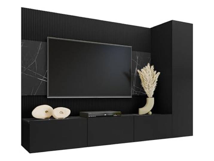 Mirjan24 Wohnwand Deromi VI, 3-teilig (Schwarz + Schwarz Marmor) Hängewohnwand mit TV-Paneel, 5 Innenfächern, TV-Lowboard mit 3 Fächern und Push-to-open-Funktion