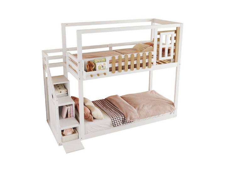 Odikalo Etagenbett Kinderbett Jugendbett Treppe Regalkasten Schließfächer Weiß 90x200cm