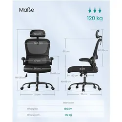 Songmics, Bürostuhl, Bürostuhl ergonomisch Netz schwarz atmungsaktiv (49 - 59 cm)