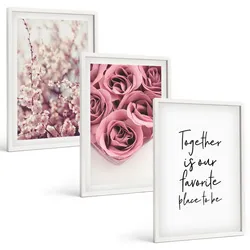 BILDER SET 3er Set - 40x60 cm Weißer Rahmen - Blumensträuße aus Rosen mit einer Inschrift