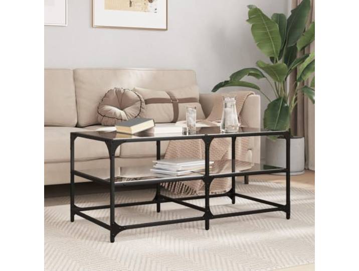 HEFZGDB Couchtisch mit Glasplatte Schwarz 98,5x50x45 cm Stahlgestell, robuster Wohnzimmertisch mit langlebigem Holzwerkstoff, Beistelltisch für Snacks und Dekoration, pflegeleicht