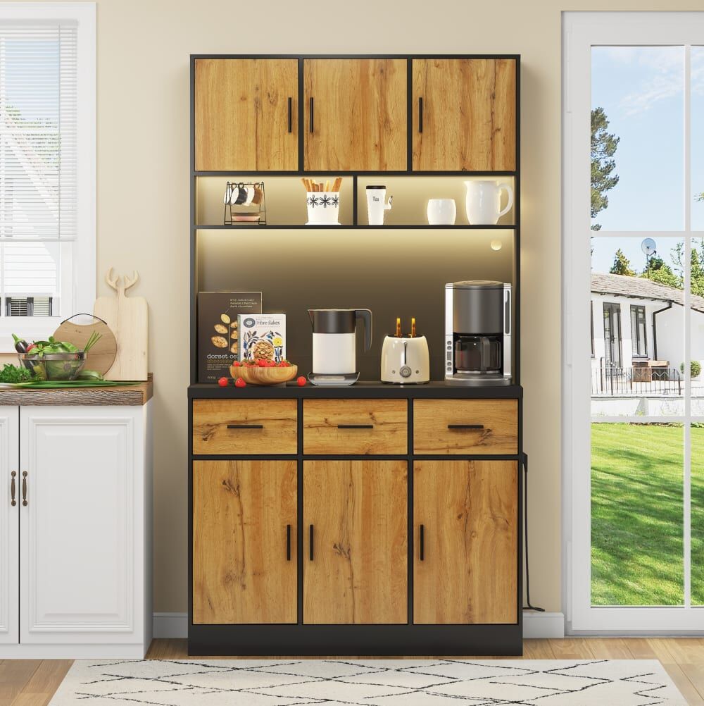 REDOM Buffets de cuisine en panneau de particules avec led noir et naturel Noir 100x180x40cm