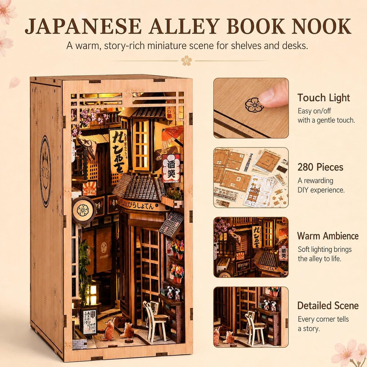 GOOGO Book Nook Kit - Doe-het-zelf miniatuurhuis met LED-licht - 3D houten puzzel boekensteun - 280 stuks