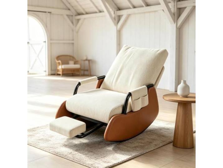 kumamart Relaxsessel mit Hocker mit Ausziehbarer Beinablage Wohnzimmersessel mit harmonischer Wippfunktion und durchdachter Seitenaufbewahrung.