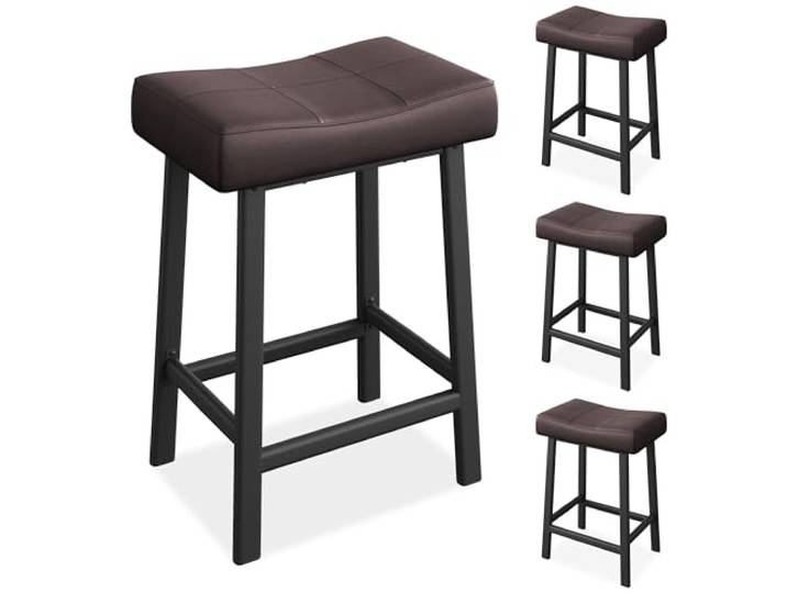 IDEALHOUSE Barhocker-Set in Thekenhöhe 61 cm (24 Zoll) – Gepolsterter Sattelsitz aus PU-Leder, Gebogene Sitzfläche, Metallgestell mit Fußstütze & Anti-Rutsch-Füßen, ohne Rückenlehne, für