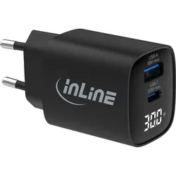 InLine® USB PD Netzteil, GaN Ladegerät, QC, USB-C + USB-A, 30W, mit Display