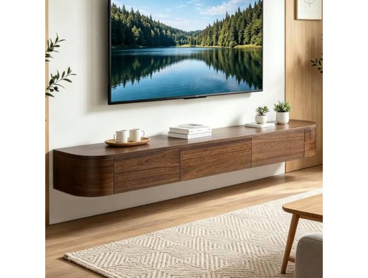 Vormontierte, schwebende TV-Einheit mit Schubladen, wandmontierter TV-Schrank aus Holz, moderne schwebende Medienkonsole mit großem Stauraum, platzsparende TV-Bank unter dem Fernseher für Wohnzimmer