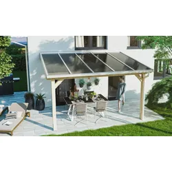 Terrassenüberdachung aus Holz - 5 x 3m Terrasendach mit glasklarer PC Stegplatten Überdachung Überdachung - Dachrinne Alu weiß