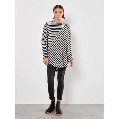 Shirttop APRICOT "gestreiftes Jersey-Top", Damen, Gr. M (38), grau, Jersey, Obermaterial: 95% Polyester PES. 5% Elasthan EL., gestreift, lang, Rundhals, Tops Shirttop, mit asymmetrischem Saum