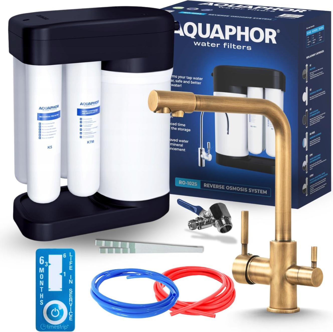 Wasserfilter Set Morion mit 3-Wege Küchenarmatur Ari Venom 1, Umkehrosmose, 5-Liter Tank, Messing