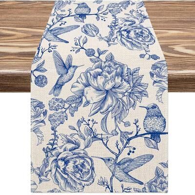 Modern Mode Marketplace Elegant Blue White Linen Table Runner Bird & Flower Vintage Floral Decor For Holiday Wedding & Dining 78.7x13inch