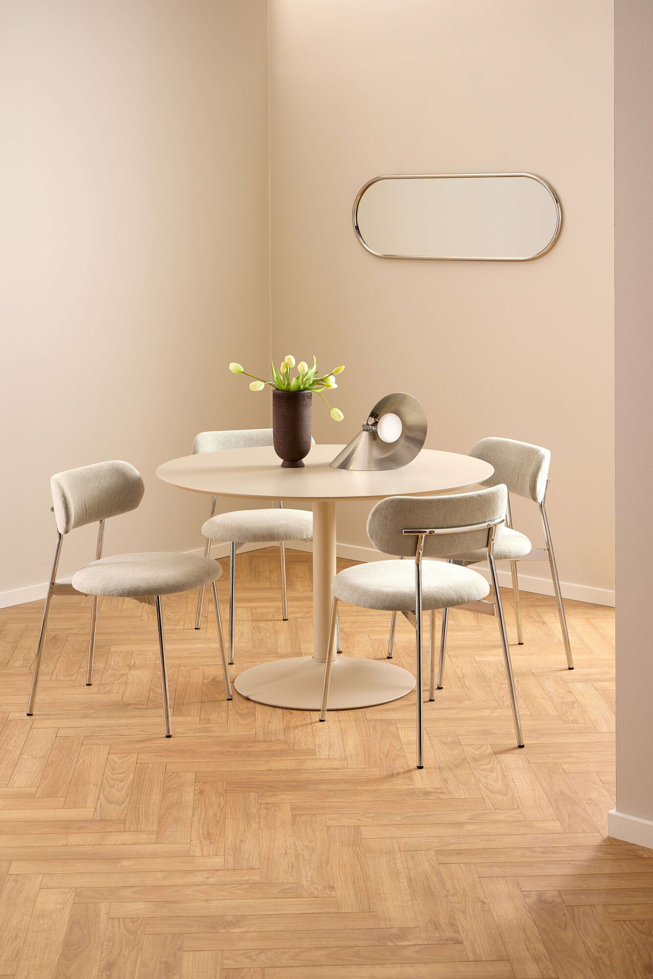 Esszimmerstuhl ACTONA GROUP "Lyric, Küchenstuhl, mit gepolsterter Sitzfläche", beige (sand, chrom, sand), B:52cm H:78cm T:47,5cm, Stoff, Stühle, Esszimmerstuhl, Stuhl, Chenille, Retro-Futur, Chromstahlgestell, FSC™ sand, chrom, sand B/H/T: 52cm x 78cm x 4