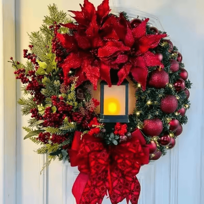 Uplifted Finds Pre Lit Christmas Wreath With Lantern For Door Or Wall, Instant Festive Glow red