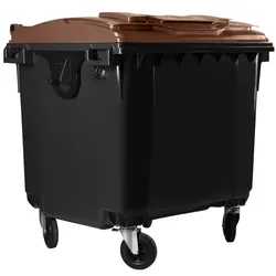 Hardwex Müllcontainer 1100 l Schwarz mit braunem Flachdeckel, Deckel im Deckel