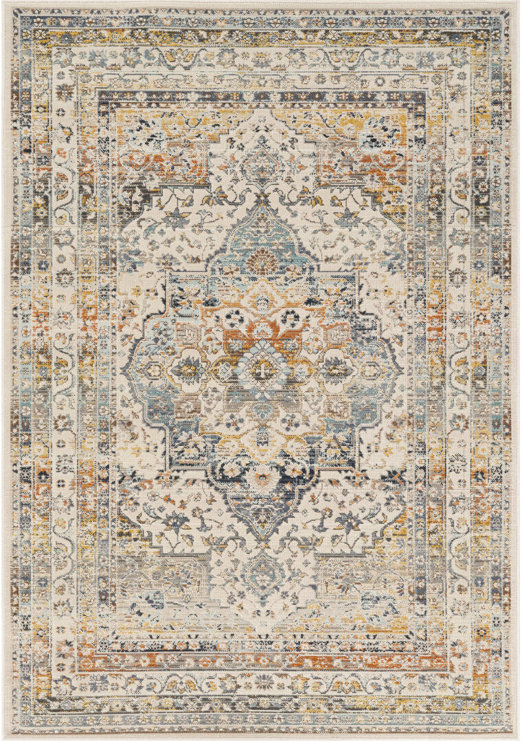 Rio Bradeord Rectangle Vintage Look Area Rug Ivory;Blue 122 x 61cm