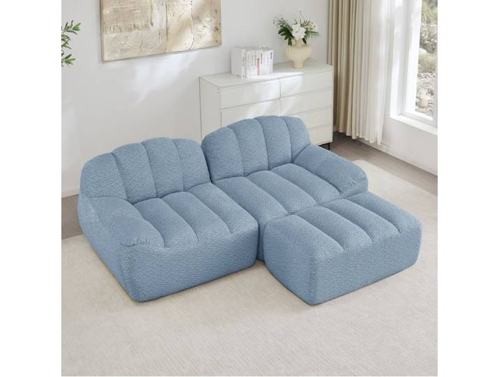 WOVREO Canape modulable d angle 2 places avec ottoman bleu en polaire granulee assise profonde sans montage