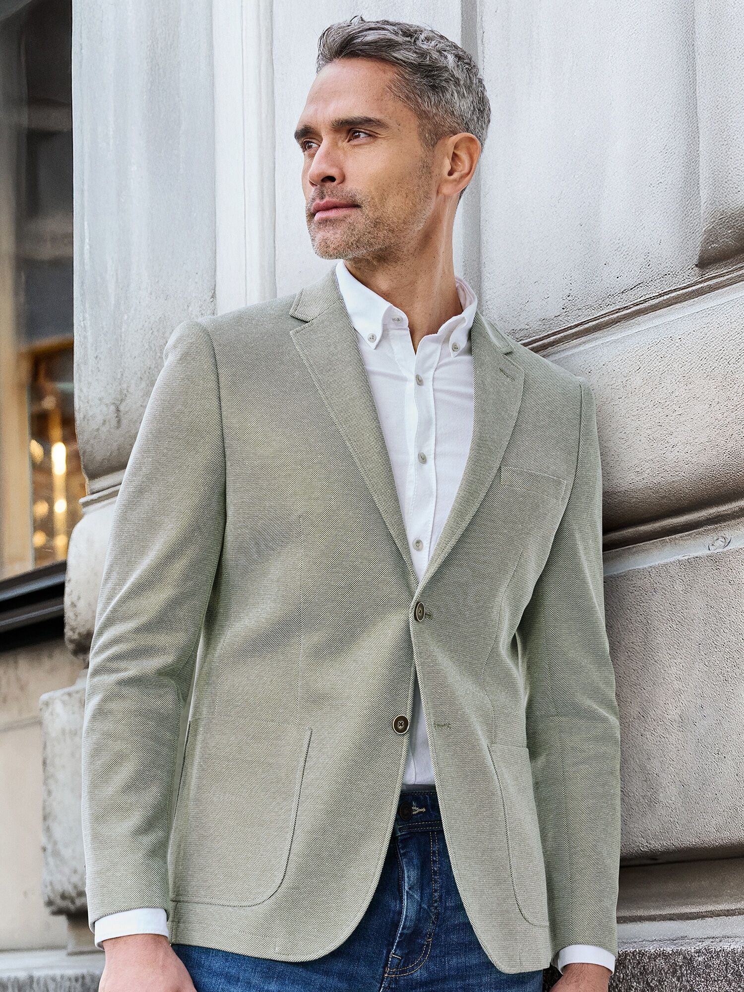 Jerseysakko LERROS "Herren Jersey Blazer", Herren, Gr. 46, grün (gentle reed), 51% Baumwolle, 49% Polyester, Sakkos Jerseysakko gentle reed 46