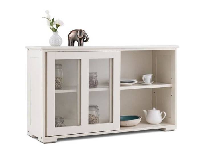 COSTWAY Buffet de Cuisine Meuble de Cuisine pour Rangement Vaisselier avec Porte Coulissante en Verre Trempé en Bois Beige