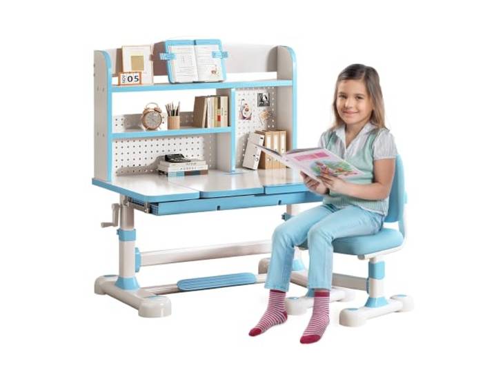 Kinderschreibtisch mit Stuhl, höhenverstellbar & ergonomisch Robuster Eisenrahmen, höhenverstellbare Platte für Kinder 3-12 Jahre, stabil für Lernen Blau