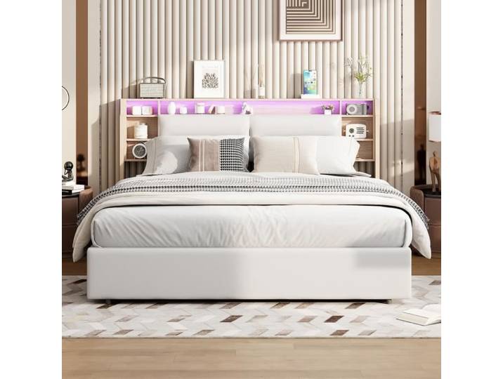 Lit coffre - DREAMMESPACE - 140x200cm - Tête de lit LED - Rangement intégré - Design contemporain