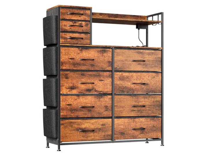 Koioplie Kommode 11 Schubladen Stofffächer LED USB Holzplatte Tigerstreifen USB-Ladeanschluss, Metallgestell, leichte Fächer, vielseitig einsetzbar