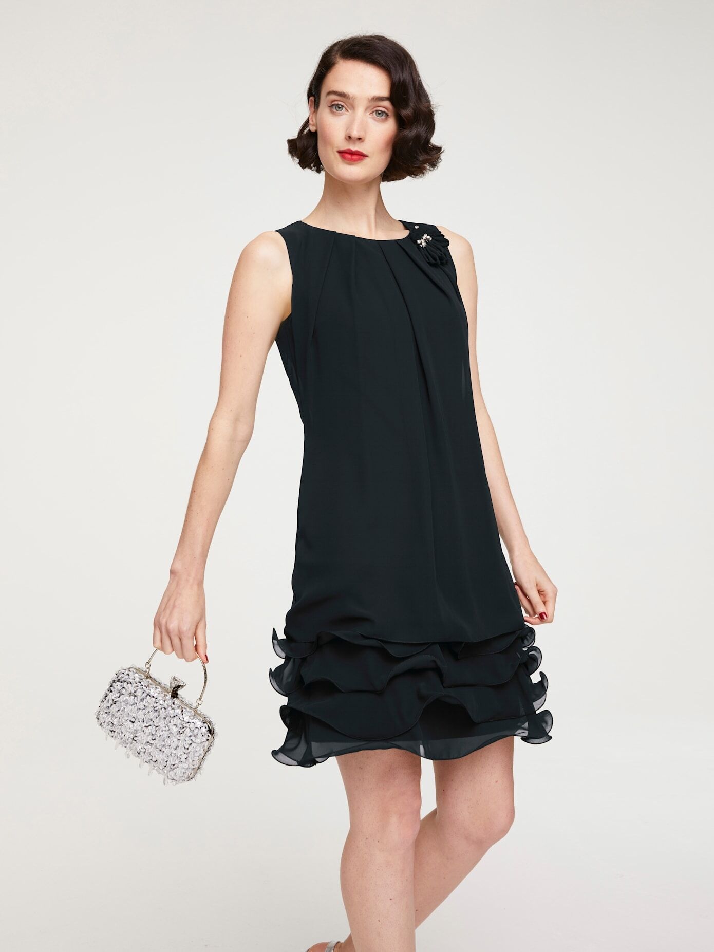 Cocktailkleid HEINE "Cocktailkleid", Damen, Gr. 42, Normalgrössen, ohne Ärmel, schwarz, 100% Polyester, unifarben, kurz, Rundhals, Kleider Cocktailkleid schwarz 42, Normalgrössen, ohne Ärmel