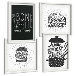 BILDER SET 4er Set - 50x50 cm & 40x60 cm Weißer Rahmen - Grafiken, Lebensmittel, kulinarische Slogans