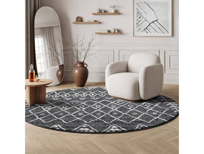 SANAT Boho Teppich – Moderner Teppich im Boho Stil, Geeignet für Wohnzimmer, Schlafzimmer, Flur, Esszimmer und Kinderzimmer – Boho Schwarz, Größe: 120 cm Rund