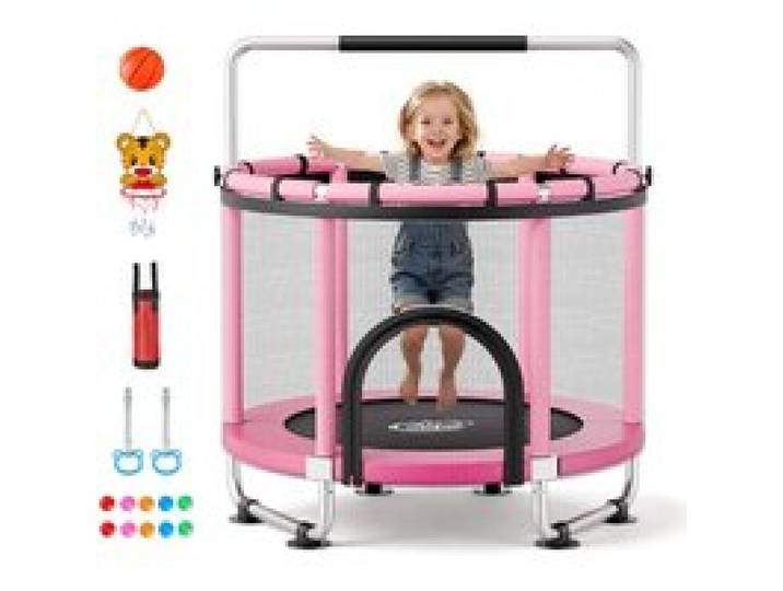 VEVOR Trampolin Mini für Kinder mit Sicherheitsnetz Haltestange Pink, Gartentrampolin Outdoor mit Basketballkorb, Basketball und Sandsack für Kinder, Weihnachts- oder Geburtstagsgeschenk