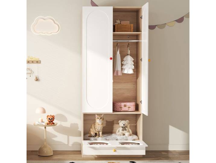 Armoire enfant 80x50x200cm - Avec tringle à vêtements - Avec lit pour chat - 2 portes - Blanc+naturel