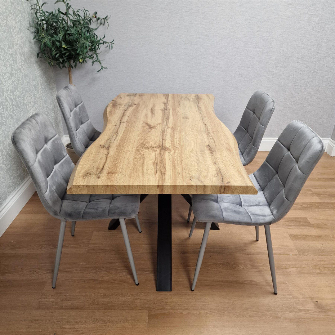 Norden Home Wooden Brown Dining Table with 4 Grey Velvet Chairs, Stylish Dining Room Furniture Grey 4