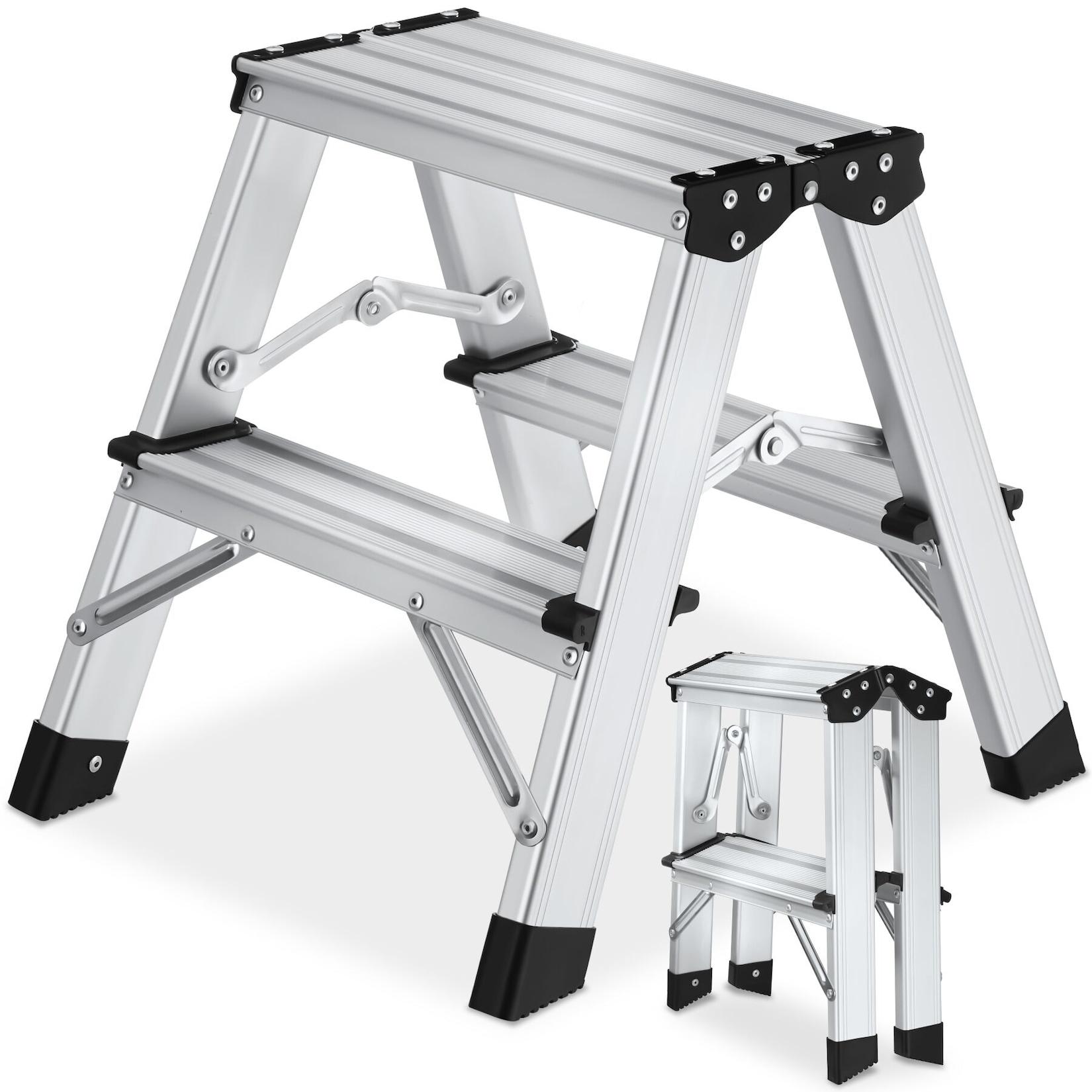 tectake® Doppelseitige Aluminium Trittleiter, 2 Stufen, klappbar, geriffelte Trittfläche, Belastbarkeit 150 kg