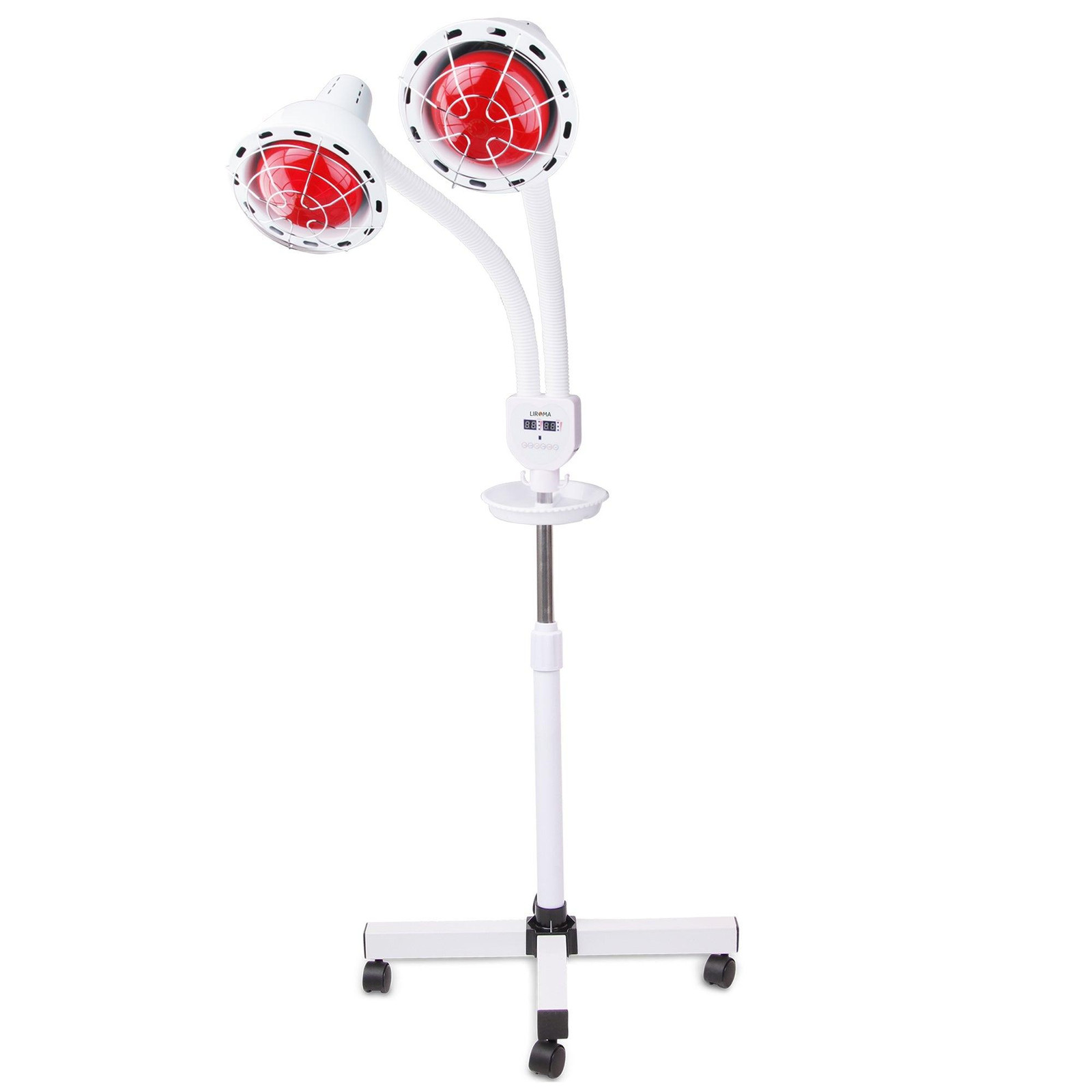 LIROMA Infraroodlamp 600W met dubbele kop (2 x 300W), warmtelamp met statief en timer, inclusief 2 reservelampen, rood