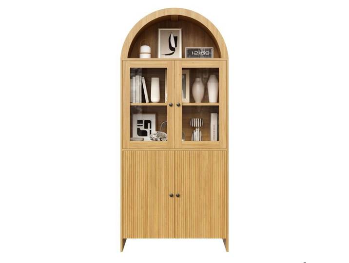 Buffet vitrine - SOGEU - Arche - Aspect bois naturel - Motif ondulé - Portes vitrées
