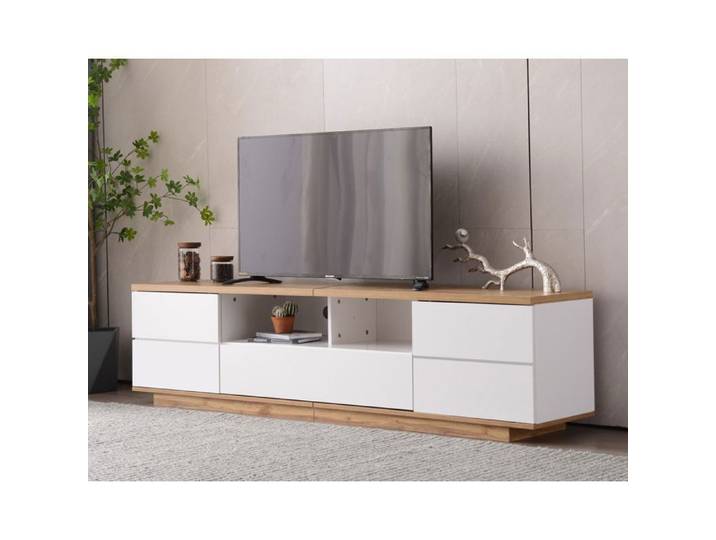 Meuble TV salon - Meuble TV moderne bicolore 180 cm - Design grillé - Poignée cachée - Grand rangement