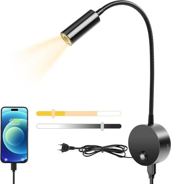 HOTUT Wandleeslamp met flexibele zwanenhals en USB-oplaadpoort - Zwart