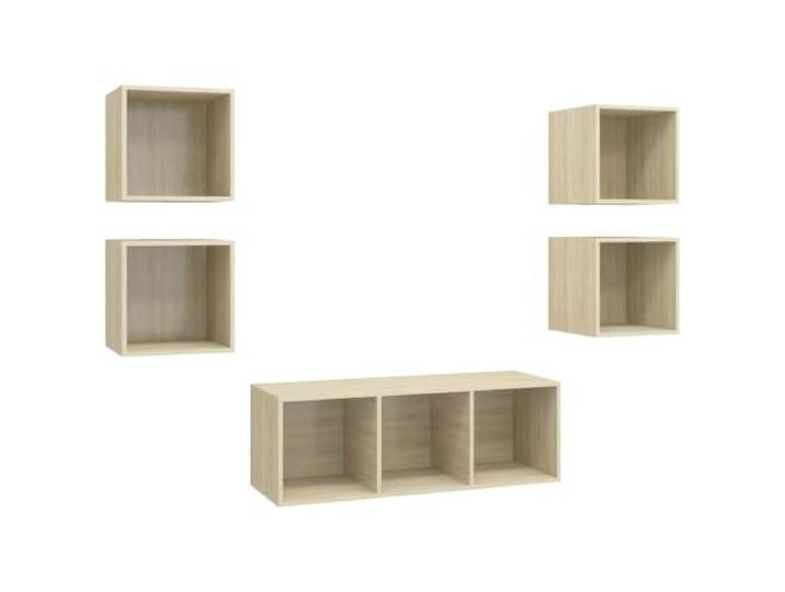 GKHPYURE TV-Möbel-Set 5-teilig Eiche Sonoma aus mehrschichtigem Holz 4 TV-Schränke 37 x 37 x 37 cm, 1 TV-Schrank 37 x 37 x 107 cm, Wandmontage, Montage erforderlich, Reinigung mit feuchtem Tuch