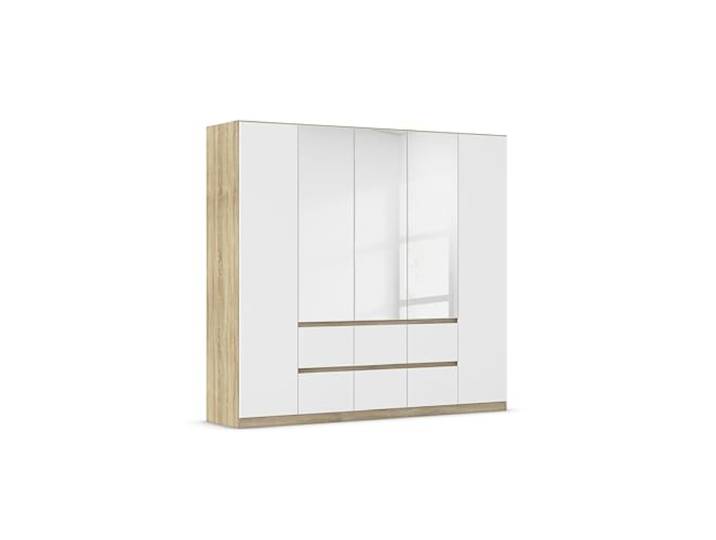 Rauch Möbel Mainz, Kleiderschrank, Farbe Weiß/Eiche Sonoma, Breite 226 cm Schrank, Kinderkleiderschrank, 5-türig, mit Spiegel, Push-to-open, für Schlafzimmer, Kinderzimmer, Babyzimmer, Garderobe