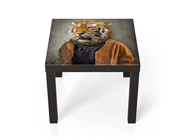 DEQORI Glastisch schwarz klein 55x55 cm Motiv Tiger in Menschengestalt ausgefallener Beistelltisch aus Glas Hochglanz Couchtisch fürs Wohnzimmer moderner Couch Tisch mit Design