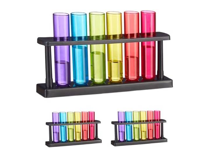 Relaxdays Verres à Shot\, Lot de 18\, Forme de Tubes à essai\, 3 Supports\, pour Les fêtes\, 40 ML\, Plastique\, Multicolores