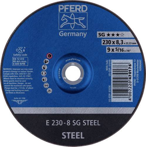 PFERD TOOLS 62223826 E 230-8 SG STEEL Schruppscheibe gekröpft Durchmesser 230mm Bohrungs-Ø 22.23mm Edelstahl, Stahl 10St.