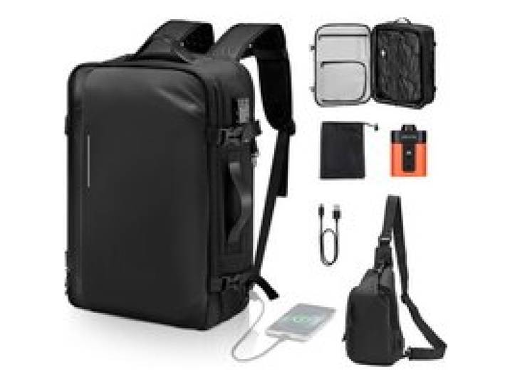 VEVOR Vakuum Rucksack, 65 L, erweiterbarer Vakuum-Kompressions-Reiserucksack mit Pumpe, mit TSA-zugelassenem Schloss, USB-Ladeanschluss, wasserabweisendes Handgepäck, für Business, Schwarz