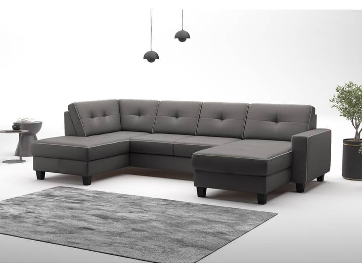 Wohnlandschaft, Braun, 304x170 cm, Naturleder, Ottomane Links, Modern