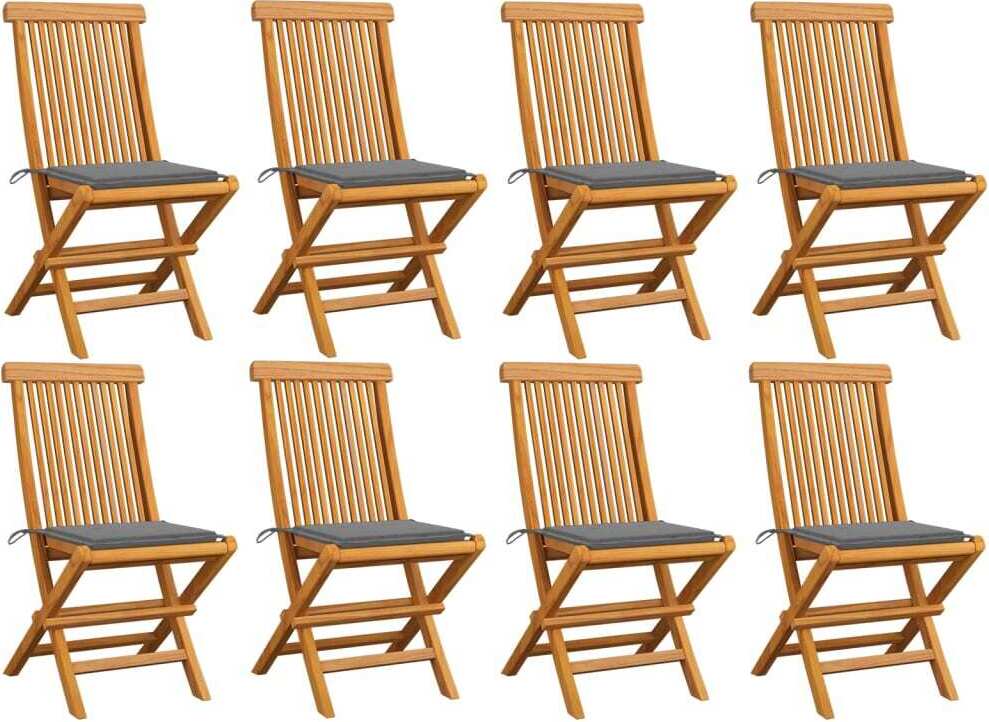 Klappstühle mit grauen Kissen, 8-teilig, Massivholz Teakholz