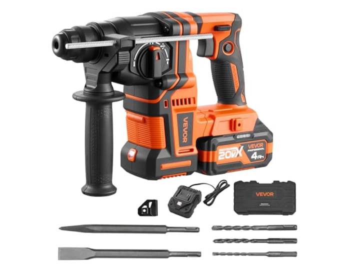 VEVOR Perceuse à Percussion sans Fil Capacité 20 mm\, Perforateur avec Forets SDS-Plus\, pour Béton Maçonnerie\, sans Balais\, avec Batterie 20 V\, Chargeur\, 3 Forets\, Burin Plat\, Burin Pointu et Coffret