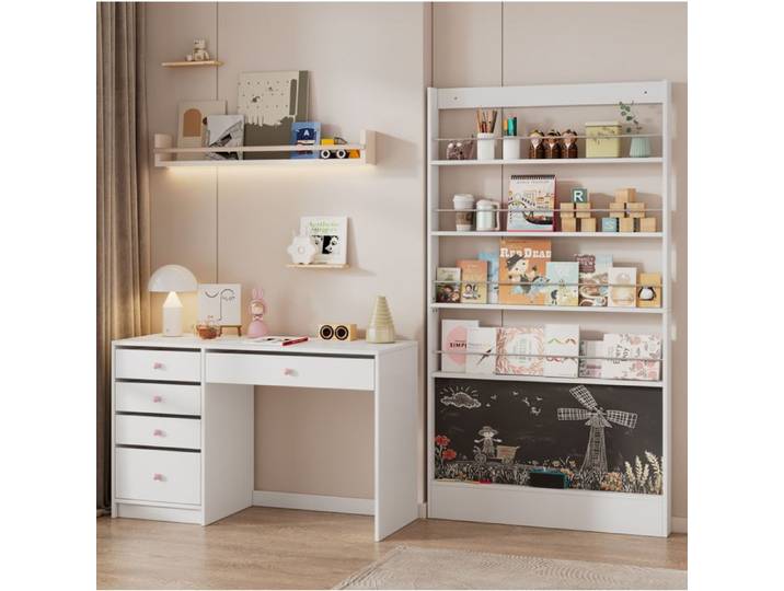Bureau droit avec bibliothèque ensemble 2 pièces blanc en MDF 5 tiroirs et tableau noir
