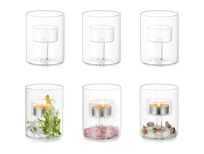 Teelichthalter 6er Set Glas Zylinder Vintage 8 cm, Transparent, 7 cm, Dekoration, Kerzen & Kerzenhalter, Teelichthalter