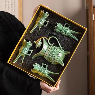 Inspire Select ImperialCharm Retro Ceramic Baijiu Wine Set One Catty Pot With 12 Cups Gift Box Edition green