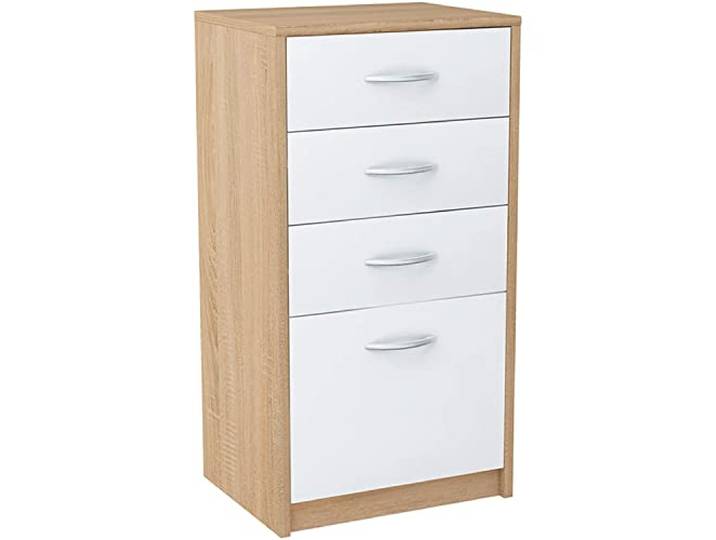 MATKAM Kommode mit Schubladen - Schrank mit 4 Drawers - geräumige Komode - solide Schubladenschrank H:85 B:45 T:35 cm - Kommode Schlafzimmer, Wohnzimmer und Flur Möbel - Sonoma Eiche Weiß