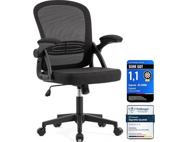 WELLTIN Chaise de Bureau Ergonomique - Fauteuil de Bureau à Dossier Maille Accoudoirs Relevables à 90° Assise Confortable